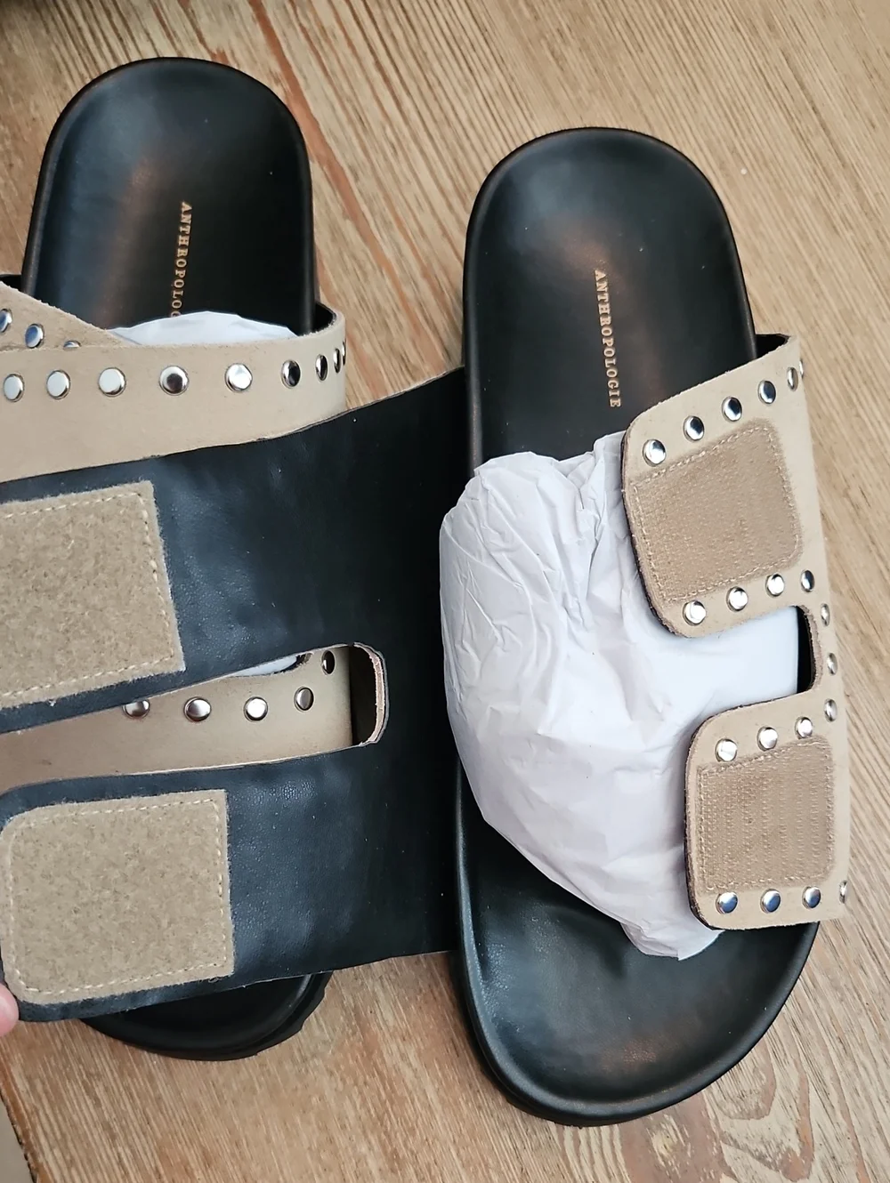 Anthropologie Beige Double-Strap Stud Slide Sandals